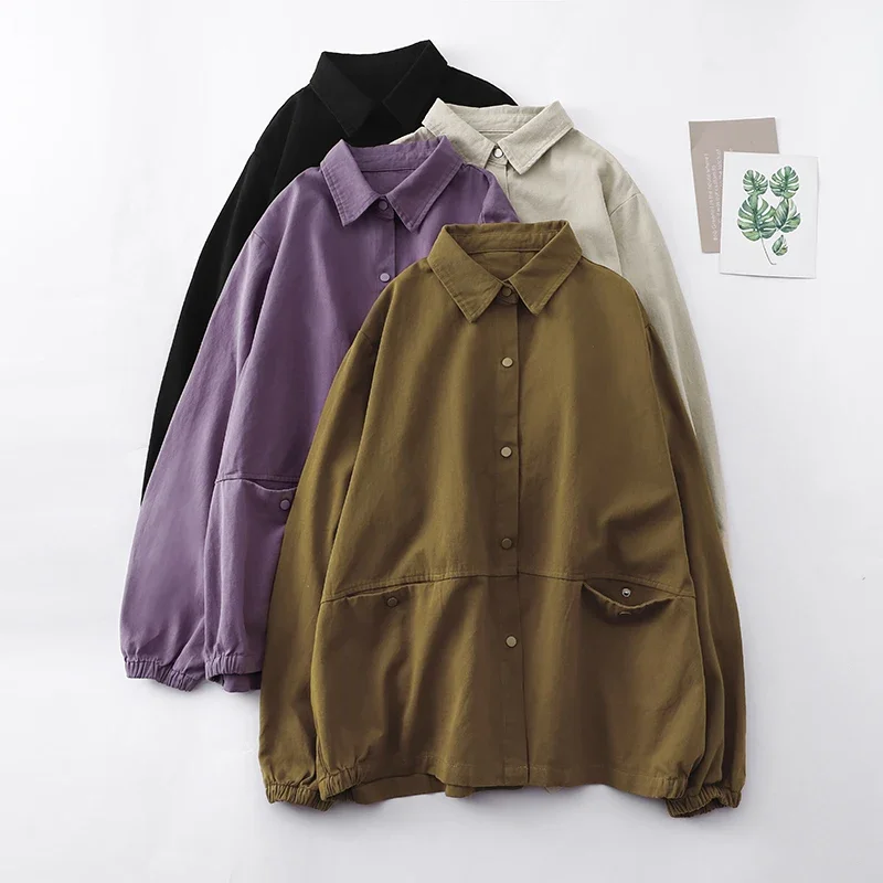 PopCotton Twill Lapel Long-sleeved Blouse Jacket Female Fall New Korean Version Of The Loose Large Size Temperament Casual Jacke