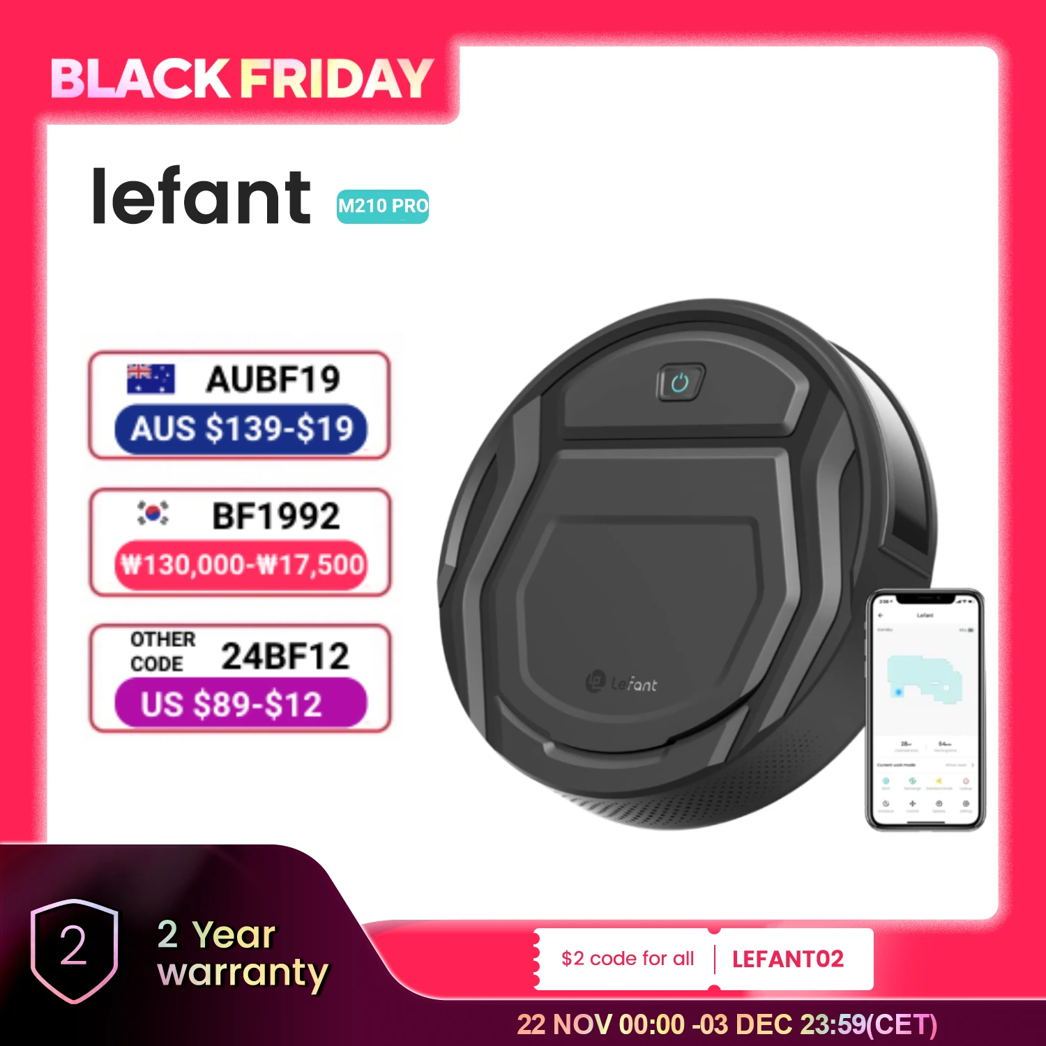 Lefant M210 Pro Robot Vacuum Cleaner with 2200Pa Suction,WiFi/Alexa/APP/Bluetooth,Schedule Cleaning,Self-Charging,Smart for Home