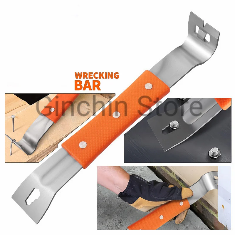 10.7 inch Stainless Steel Nut Crowbar Multifunctional Pry Bar with M4-M6 Hexagon Socket Scraper Woodworking Tools