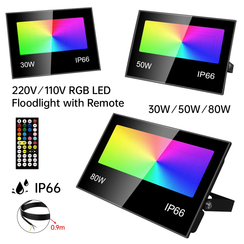 

Уличный светодиодный прожектор RGB 30W 50W 80W AC85-265V с пультом ДУ, IP66, теплый белый свет для освещения стен и сада