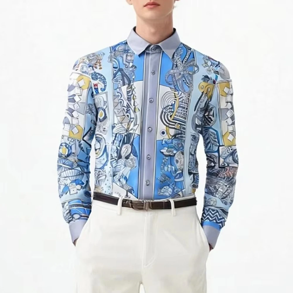 British Style Men's Long Sleeve 3D Digital Printed Shirts Vintage Button Up Slim Fit Man Shirt Elegant Prom Social Mens Clothing