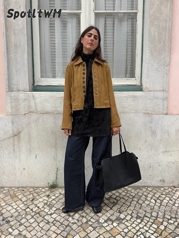 Women Camel Faux Suede Cropped Coat Lapel Stand Collarstraight Long‑sleeve Cropped Waist‑show Jacket Lady Antumn Commute Outfits