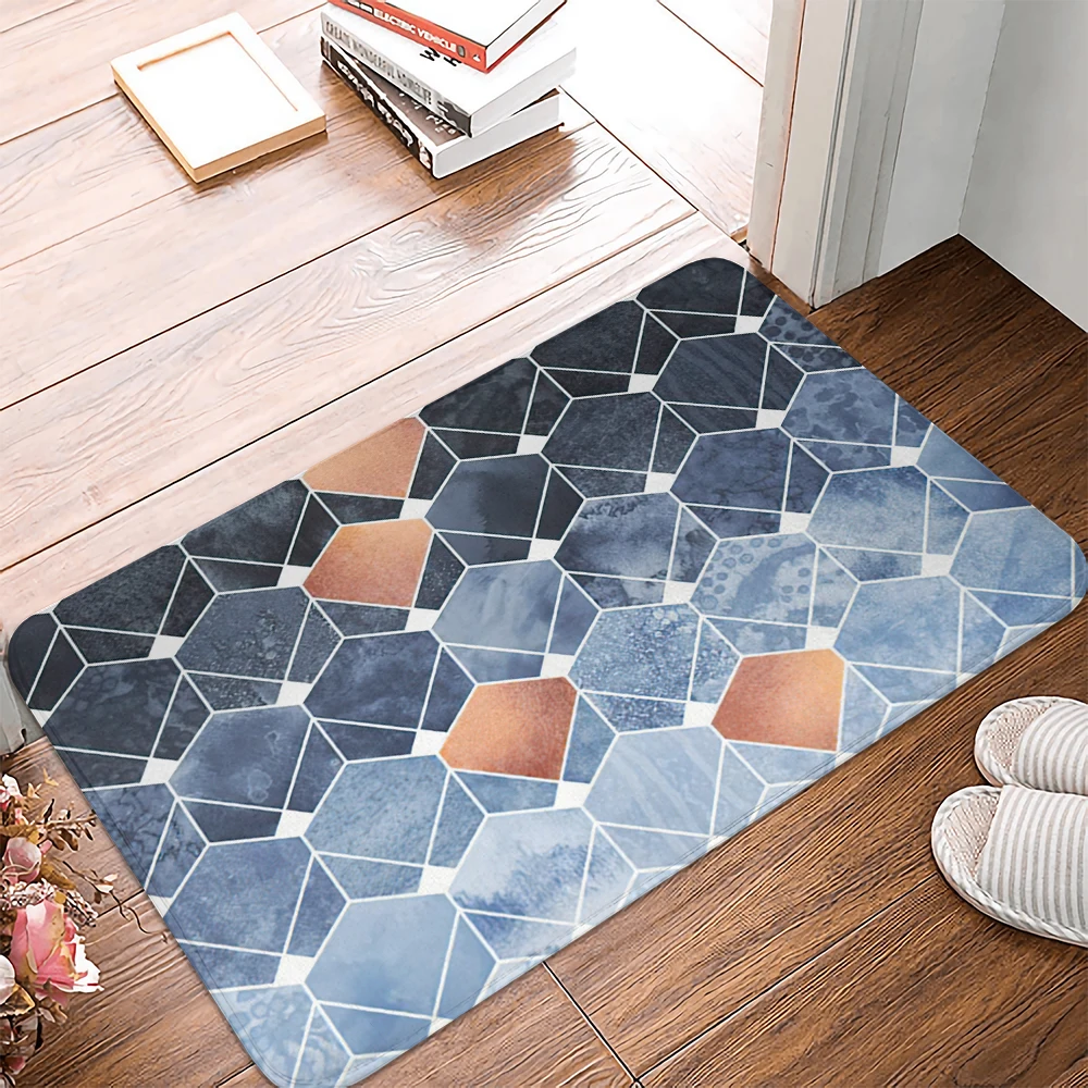 Grey Blue Geometric Pattern Kitchen Entrance Door Mat 40cmx60cm Coral Velvet Carpet Doormat Indoor Floor Mats Anti-Slip Rug