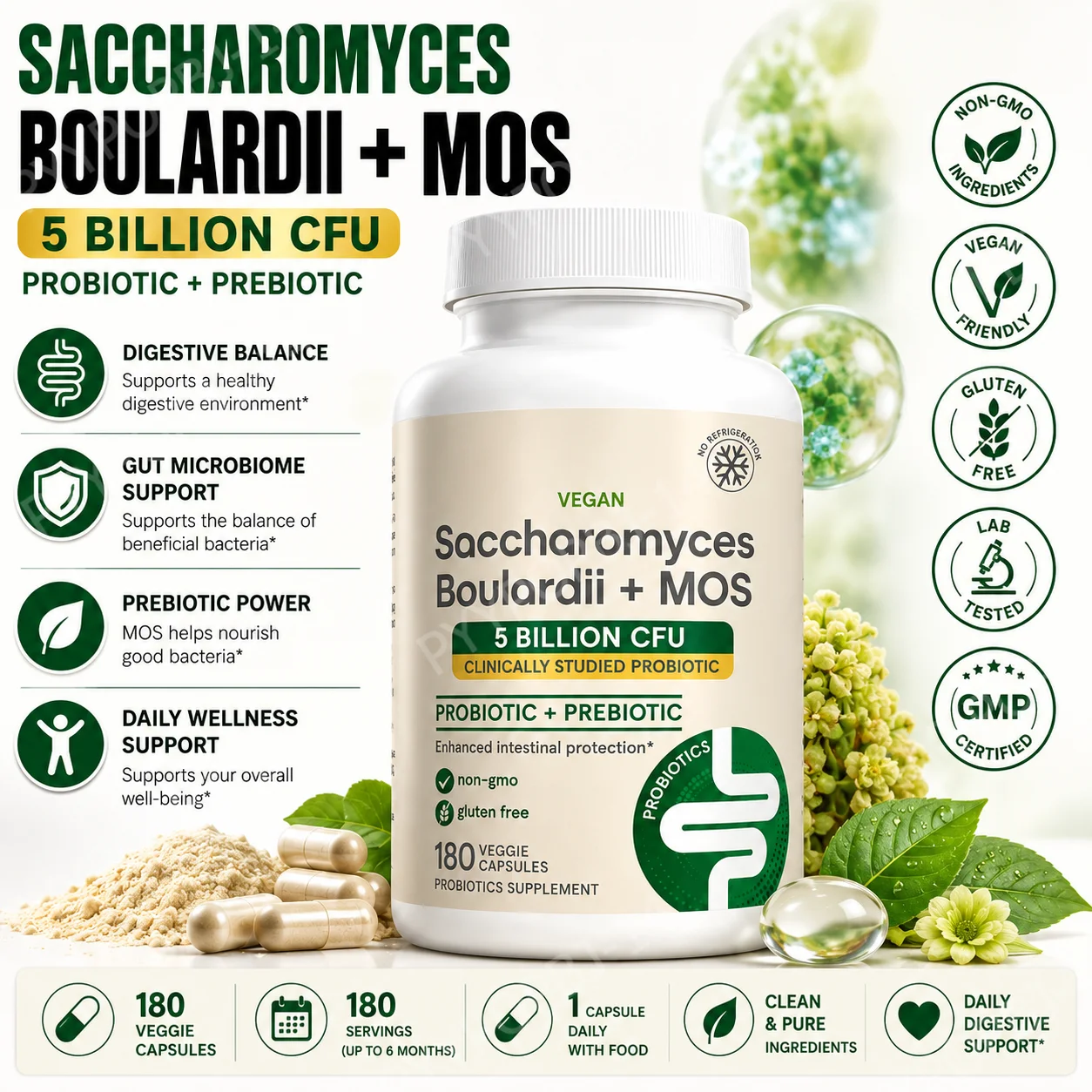 Probiotic + Prebiotic Supplement – 5 Billion CFU – 180 Veggie Capsules – Non-GMO, Gluten Free, Vegan
