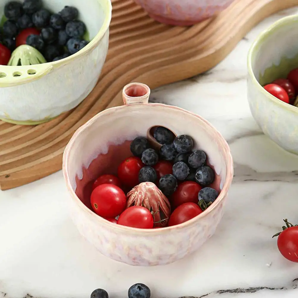 Filter Bowl Ceramic Berry Swirl Washing Bowl with Self-spinning Drain Holes Fruit Colander for Strawberries Grapes Kitchen Prep