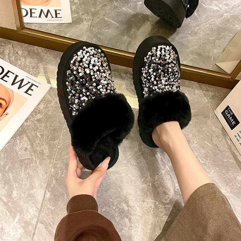 

Зимние теплые хлопковые тапочки 4 см, черные блестящие тканевые тапочки с блестками, на шерстяной подкладке, женская модная домашняя хлопковая обувь, роскошные замшевые сапоги