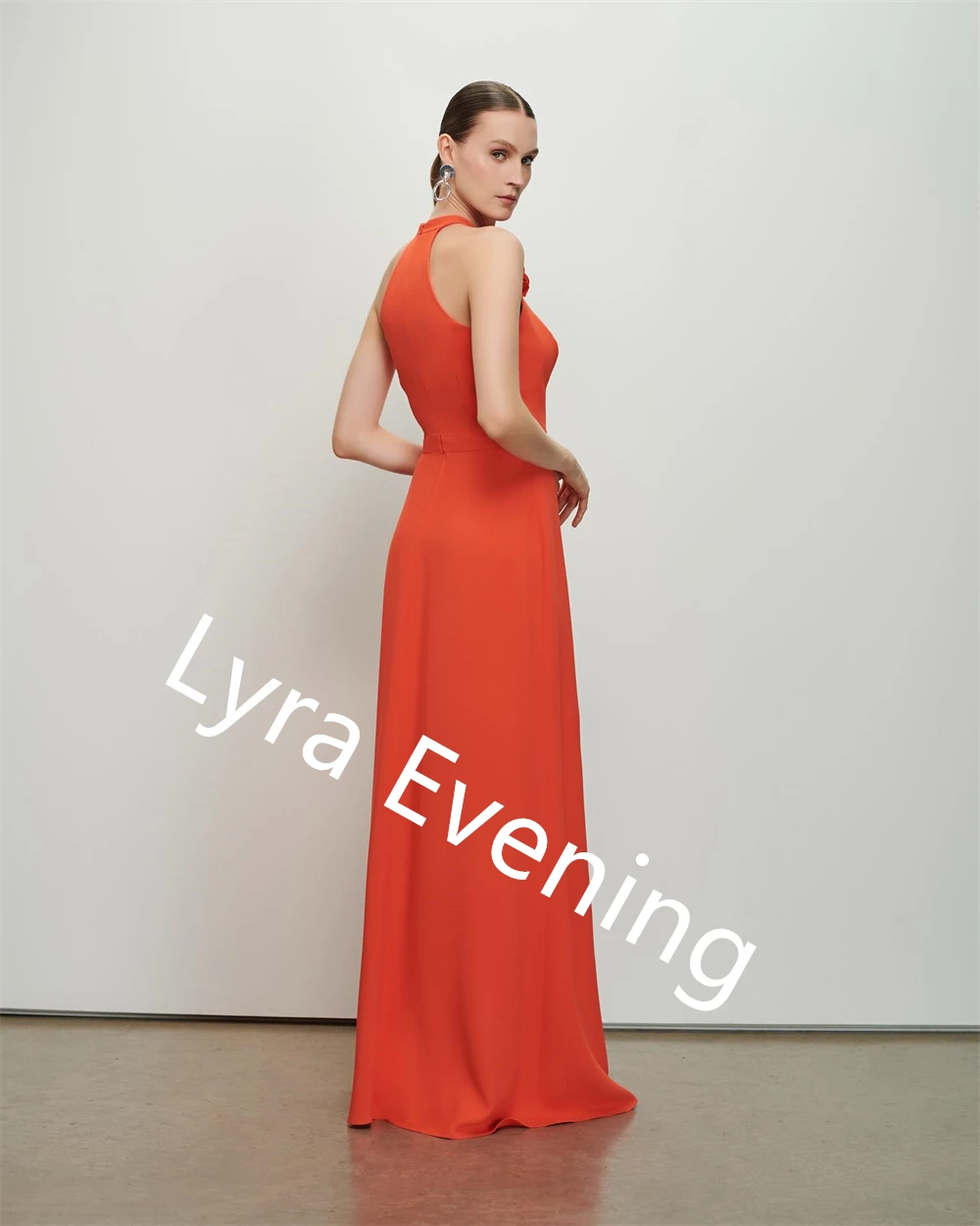Customized Classic Orange Jersey Evening Dress Halter Party Dress Temperament  Flowers Special Occasion Gowns Delicate  Soft