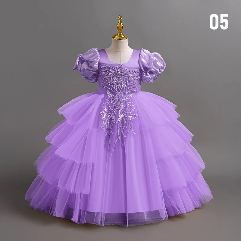

Girls Irregular Bubble Sleeve Dress Princess Puffy Dress Flower Gir Party Wedding Gown High-end Stage Performance Costume