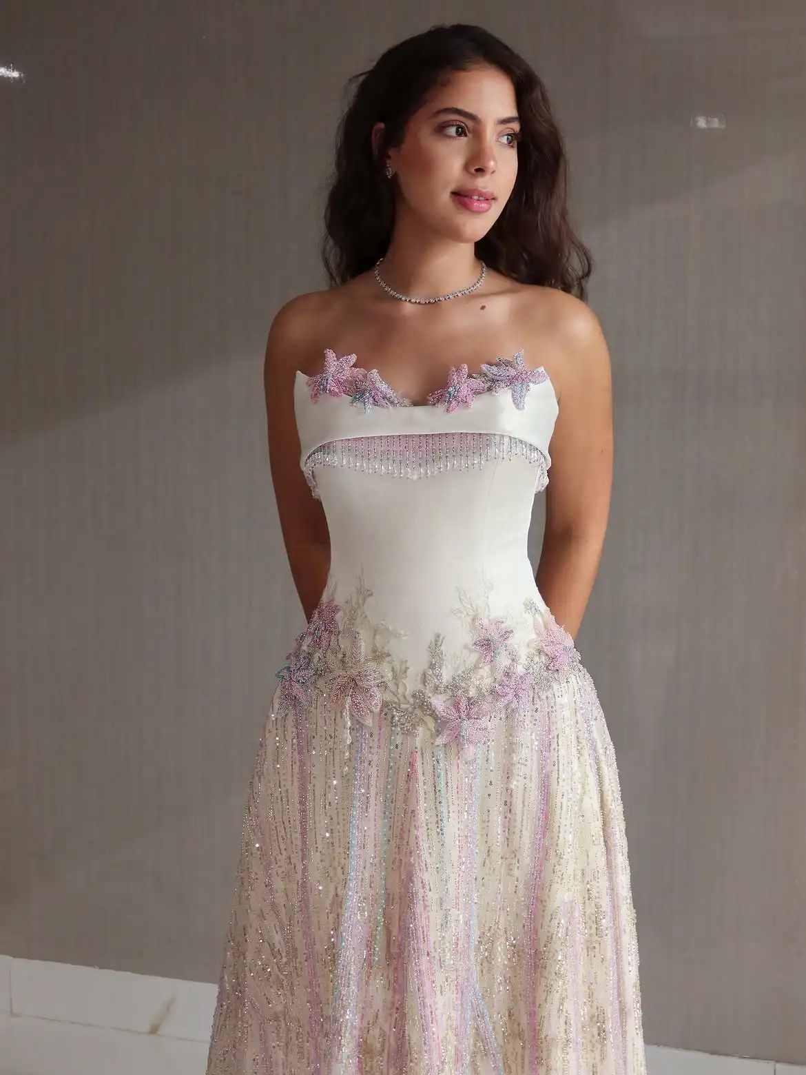 LumiGown2026Custom Strapless Evening Gown 3D Butterfly Applique Bridesmaid Dress Colorful Beaded Sequin A‑Line Long Formal Party