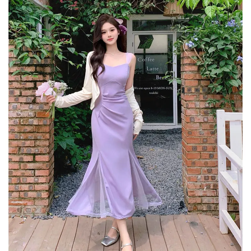 Elegant Women 2PCS Dress Set Summer Sweet Purple Fishtail Strap Long Dress + Cardigan Vestidos Women Clothing Matching Set 2024