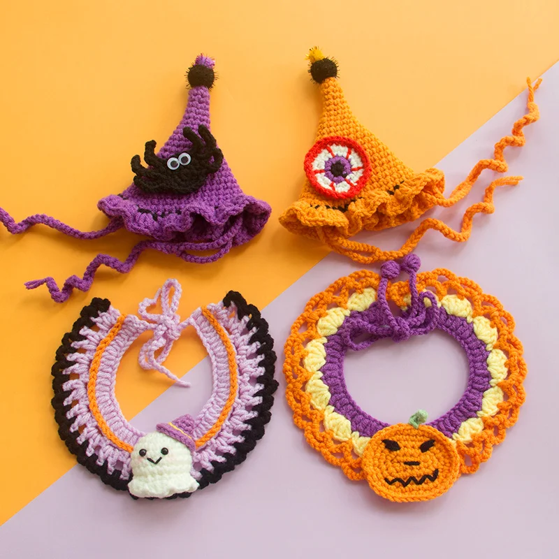 Halloween Ghost Festival Cat Crochet Collar Dog Pet Bib Decoration Collar Pumpkin Handmade Wool Knitting Dog Bandana