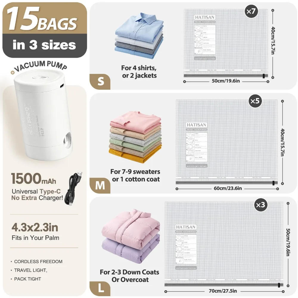 15 Pack Vacuum Storage Bags Rechargeable Pump, Vacuum Storage Bags Space Saver,  Vacuum Compression Bags for Clothes, Bedding