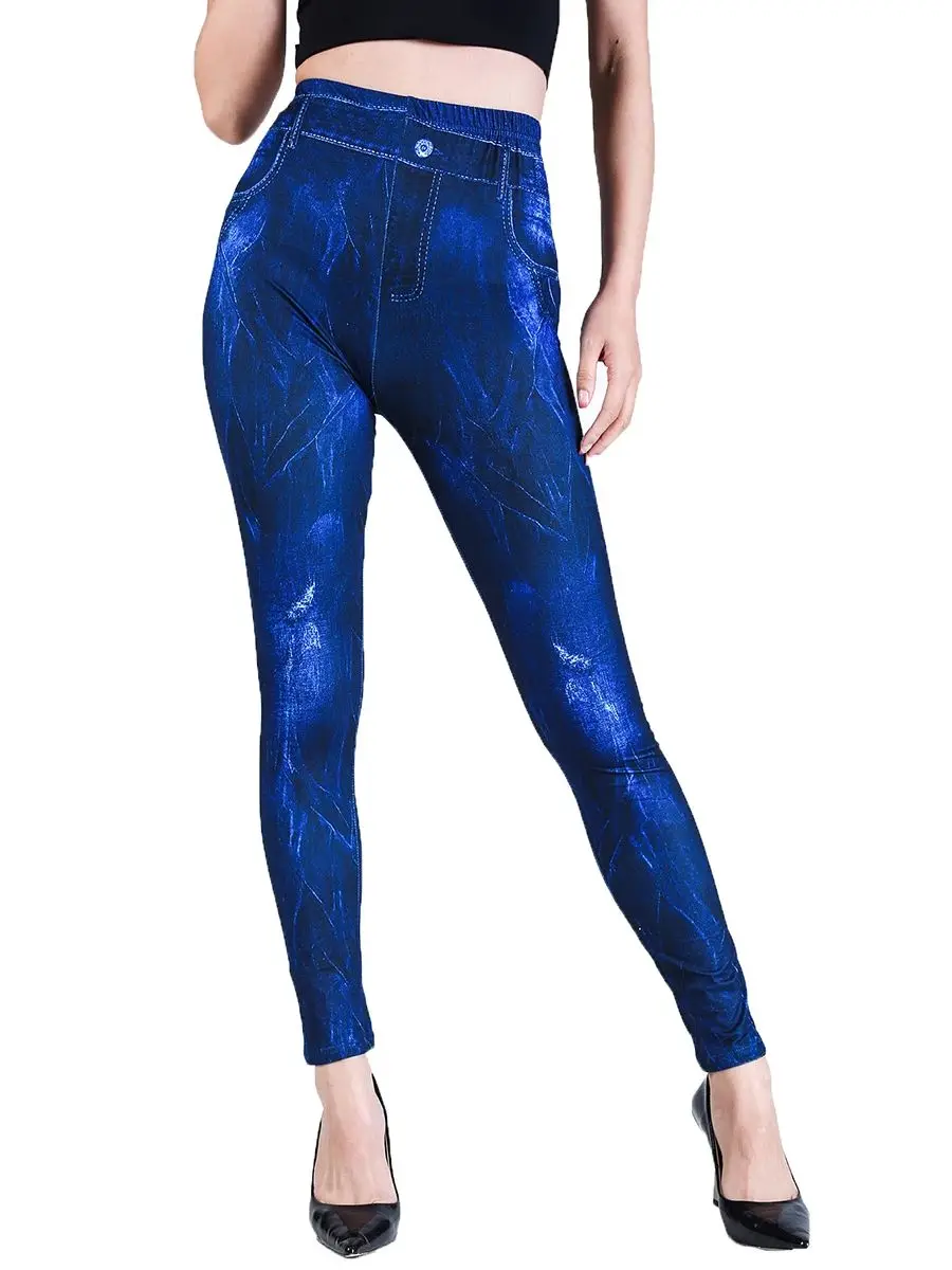 VISNXGI celana pensil Denim palsu wanita, Legging lembut seksi pinggang tinggi, celana pensil garis biru Motif mulus