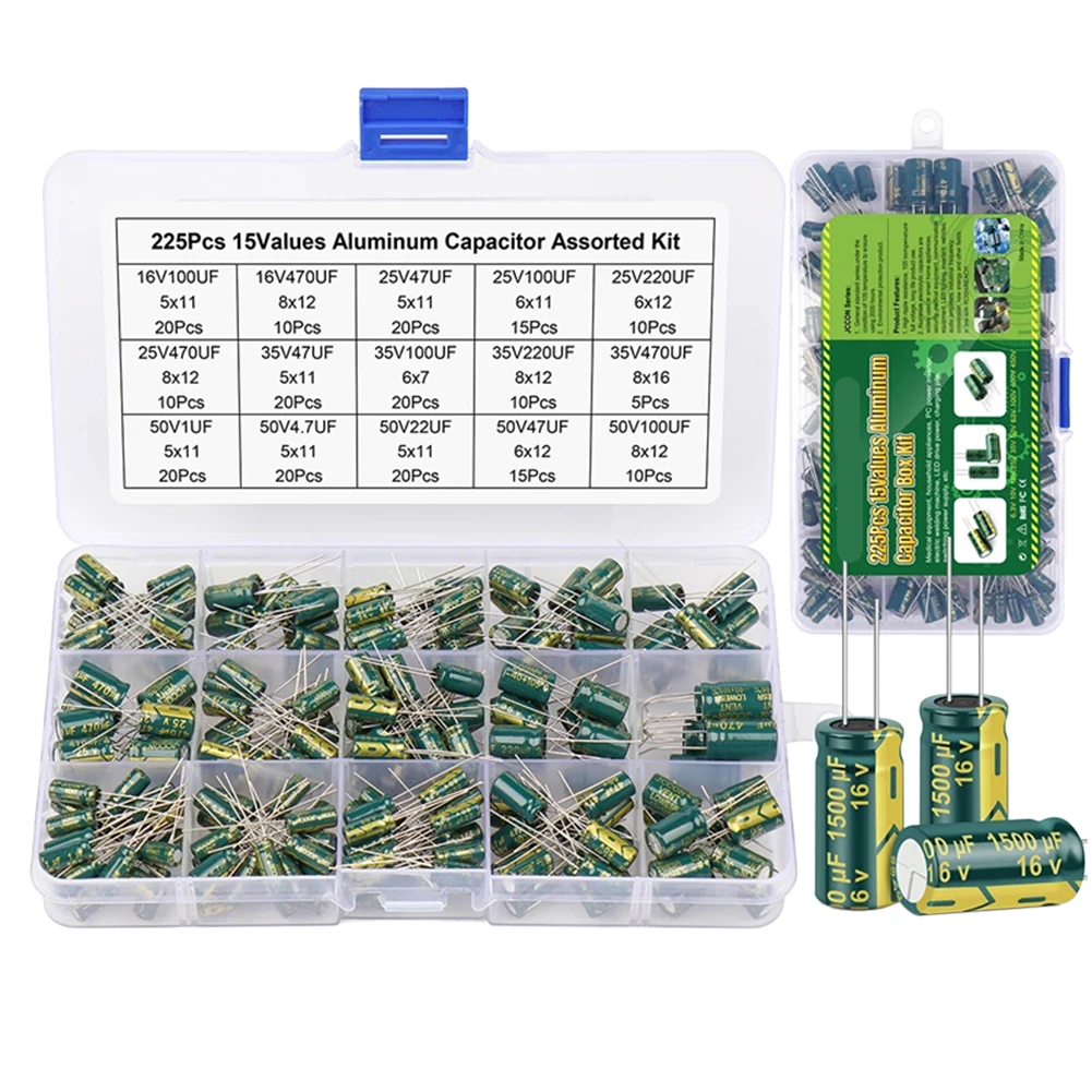 15/24/36 Werte 225/460/925 Stück Aluminium-Elektrolytkondensatoren 16 V-50 V Elektrolytkondensator-Sortiment-Set mit Aufbewahrungsbox