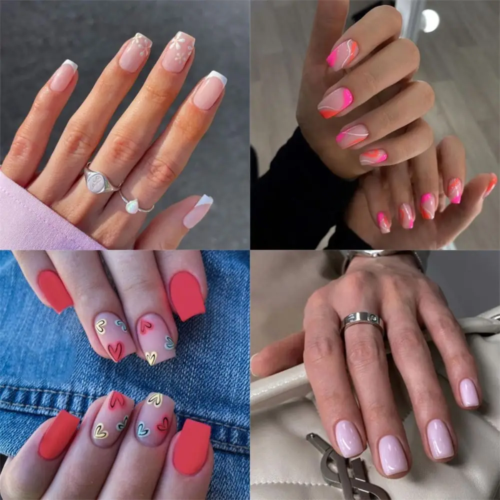 Odpinane, pełne pokrycie DIY, nadające się do noszenia, średniej długości, francuskie sztuczne paznokcie, kwadratowa główka