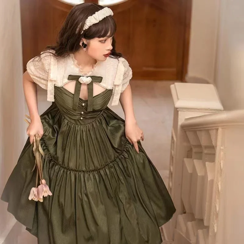 

Sweet Lolita Princess Dress Woman Summer Japan Style Army Green Beading Puff Sleeve Mori Girl Dresses Vintage Vestido Curto