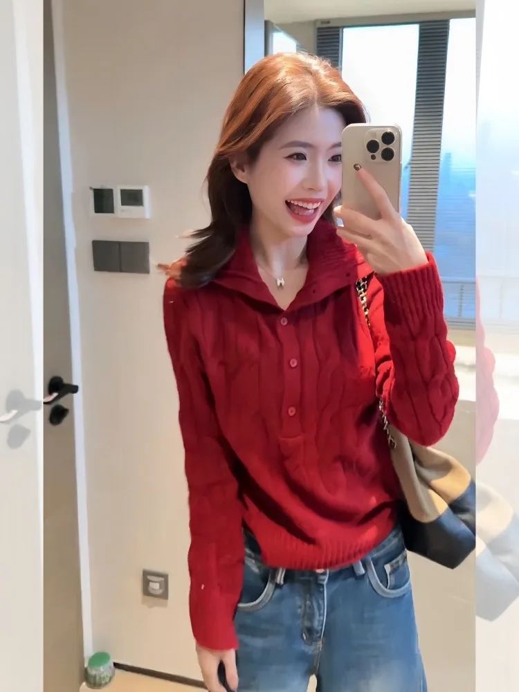 

Красный вязаный свитер женский свободного кроя с отложным воротником, длинный рукав, полиэстер, повседневная базовая одежда для весны, осени, зимы