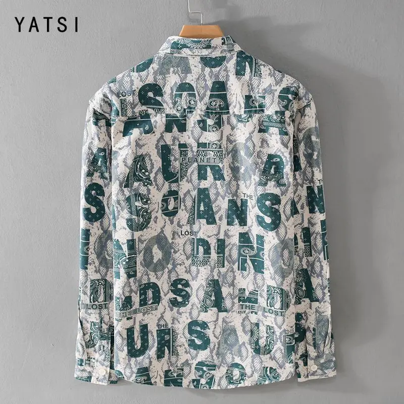 Japanese Letter Printed Personalized Lapel Shirt for Men Trendy and Cool Casual Long Sleeved Shirt Jacket Trendy