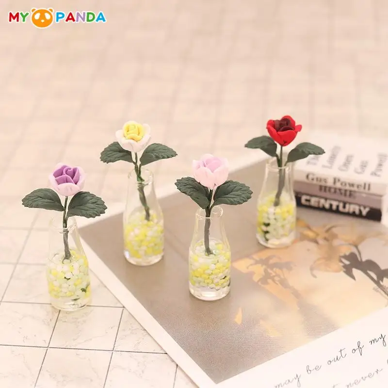 1:12 Dollhouse Miniature Mini Rose Flower Vase Mini Potted Plant Flower Pots Arrangement Dolls House Home Garden Scene Decor Toy