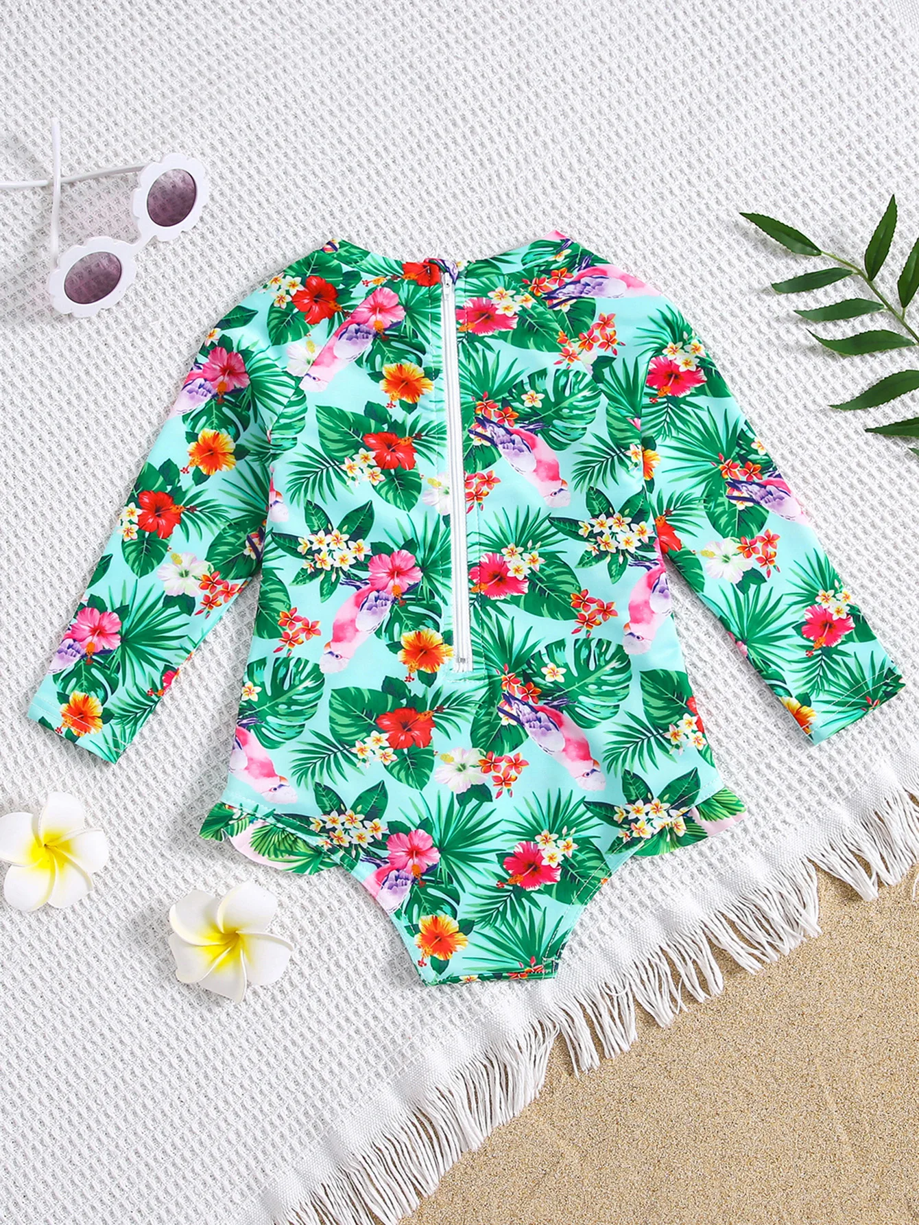 Girl\'s Zip-up Tropical 1-Piece Swimsuit Long Sleeve Swimwear, Pool/Beach Swimming Bathing Suits