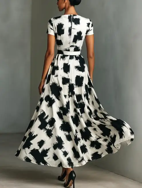 

2026 Slim Fit Women's Dress Summer New Black White Ink Wash Contrasting Print Temperament Elegant Slim Fit Short Sleeved Dress