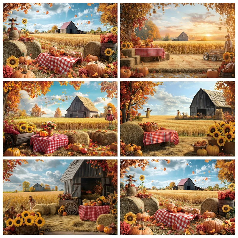 

Autumn Farmhouse Backdrop Wooden Cabin Golden Rice Fields Rustic Harvest Photography Background Fall Weddings Family Portraits