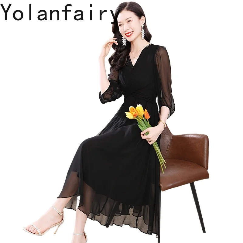

YOLANFAIRY, элегантные французские платья из 100% натурального шелка тутового шелка, женское летнее элитное длинное черное платье трапециевидной формы, женские платья, халат