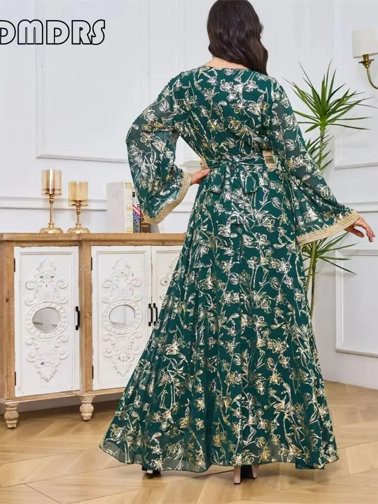 Arabic Caftan Formal Dress for Women Long Evening Dresses A Line Gold Lace Applique Elegant Party Gown