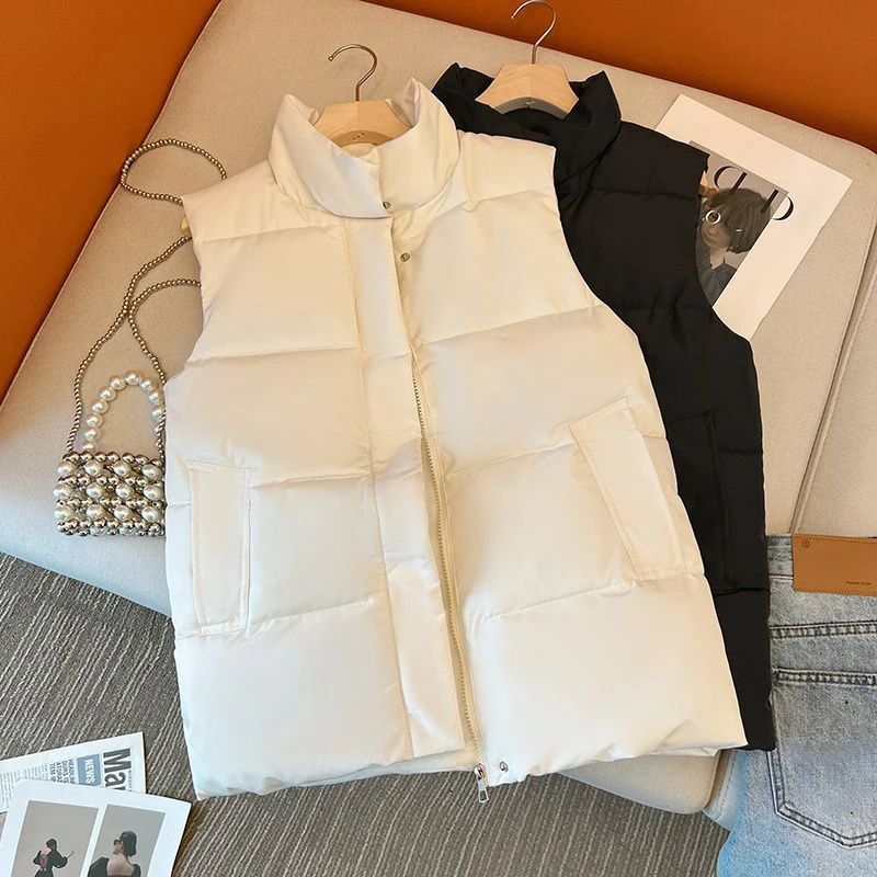 

Сплошной цвет с воротником-стойкой, женский хлопковый жилет, осень-зима, универсальное свободное теплое пальто без рукавов, модный толстый жилет, верхняя одежда