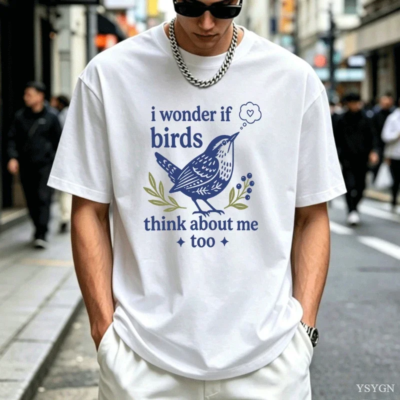I Wonder If Birds Think About Me Too Wren Bird Floral Print Men Cotton T Shirt Summer Short Sleeve Vintage Casual Street Tees