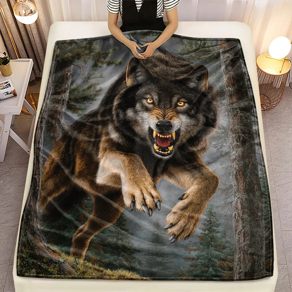Wolf leaping forward pattern Flannel printed blanket suitable for all seasons suitable for living room office sofa and travel