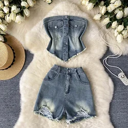 Women Denim Short Sets Jeans 2-Piece Suits Strapless Sleeveless Tassel Denim Tops + High Waist Mini Shorts Clothing Set