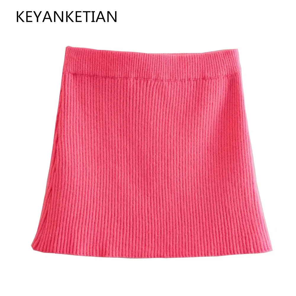 KEYANKETIAN spring new women's rose red high-waisted knitted half skirt fashion all-in-one elastic tight bag hip mini skirt