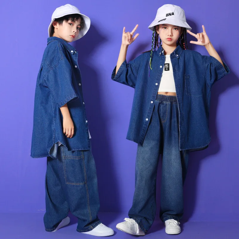 Boys Denim Tops Sweatpants Tracksuit Hip Hop Dance Show Fancy Costume Big Kids Clothes For Girls Teenager Korean