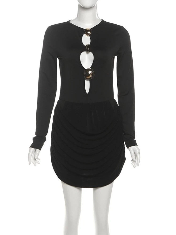 Leosoxs Velvet Patchwork Dress Women Y2K Sexy Sequined Hollow Long Sleeve Simple Office Elegant Commute Stretch Mini Bodycon