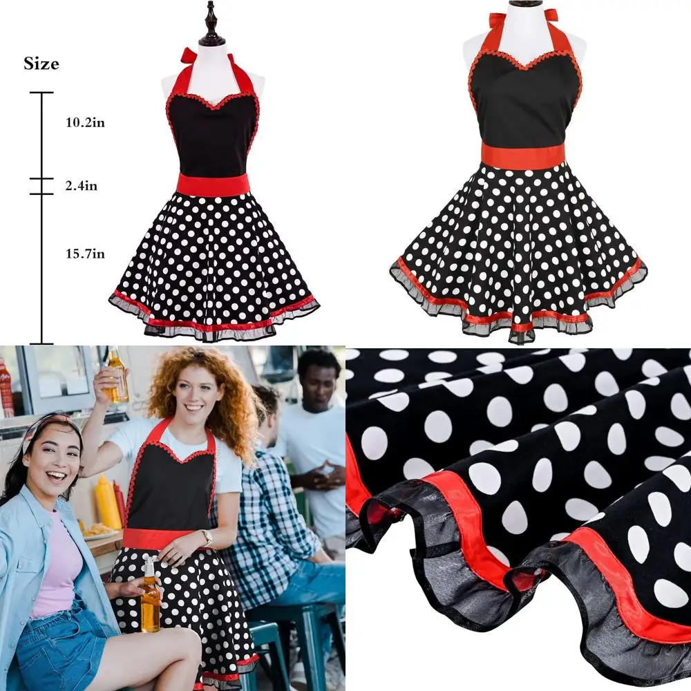 

Vintage Polka Dot Sweetheart Apron for Women & Girls, 50s Style Lace Ruffle, Adjustable Neck, Perfect for Halloween & Christmas