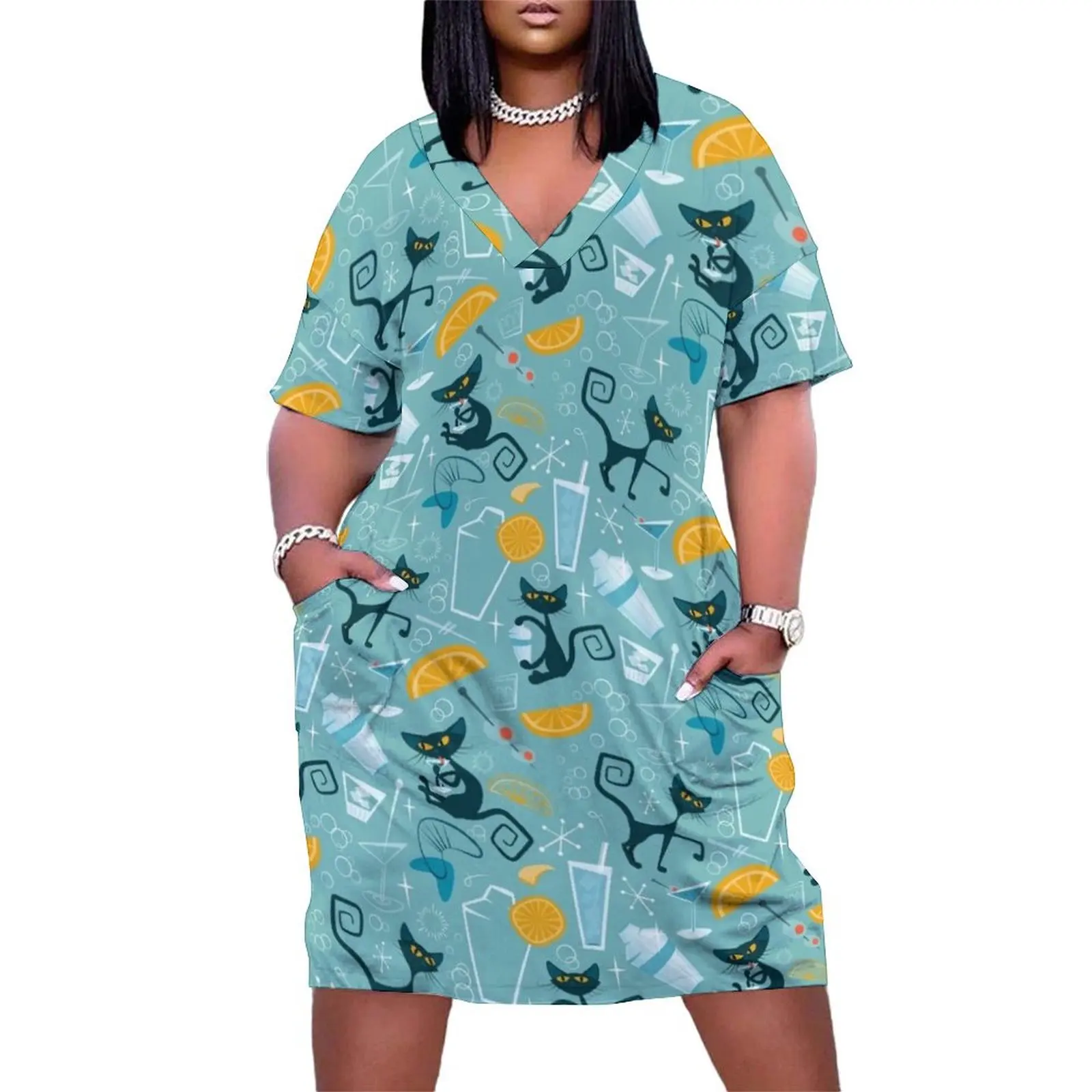 

Mid century modern atomic style cats and cocktails Loose Pocket Dress women's elegant loose dresses Female clothing