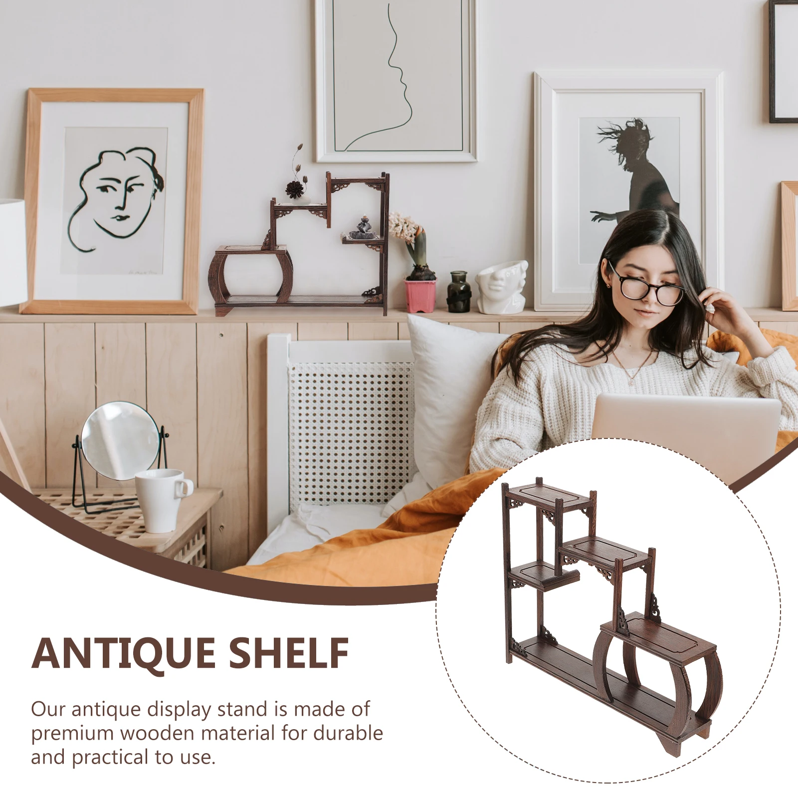 

Retro Wooden Display Shelf Curio Stand Vintage Home Decor Rack Craft Storage Furniture Ornament Wood Stand