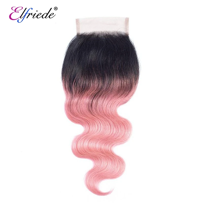 Elfriede #1B/Gold Pink Body Wave 3 Bundles with Closure Brazilian Remy Human Hair Bundles with Closure 10-20 Inch Transparent