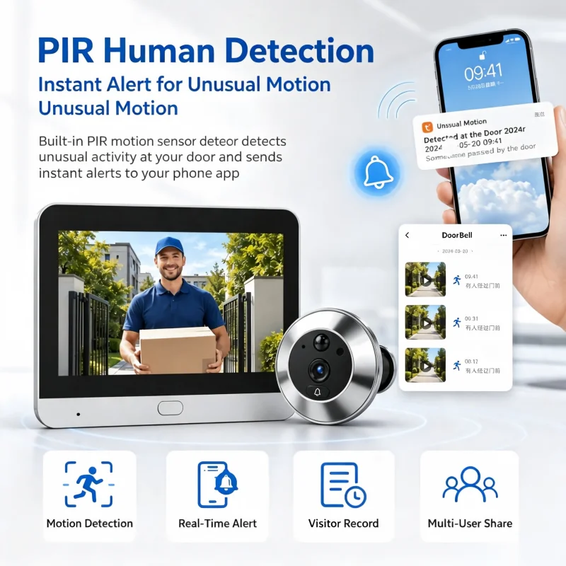 Tuya Smart Mini Peephole Door Camera 3MP HD 140°Wide‑Angle WiFi Doorbell Camera, IR Night Vision, PIR Human Motion Detection, Su