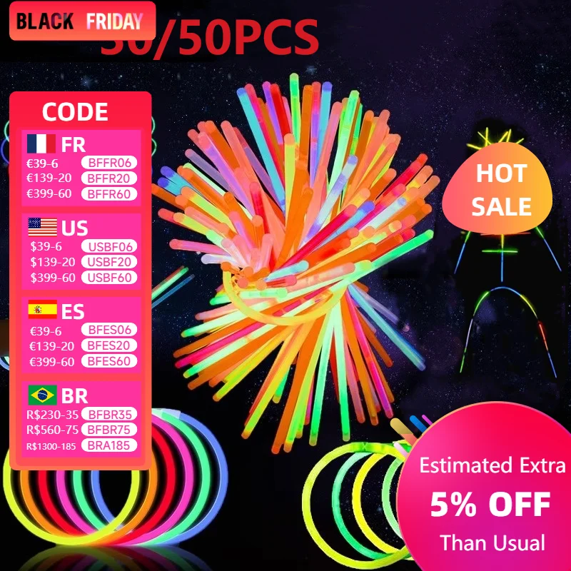 30/50pcs Party Fluorescence Prop Light Glow Sticks In The Dark Bracelet Necklace Neon Wedding Birthday Party Colorful Glow Stick