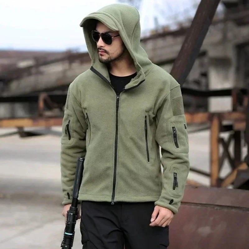 Men's Hiking Tactical Fleece Full Zip Hooded Jacket Multi-Zipper Pockets Design Autumn Winter Warm Outdoor Sports Coat for Men