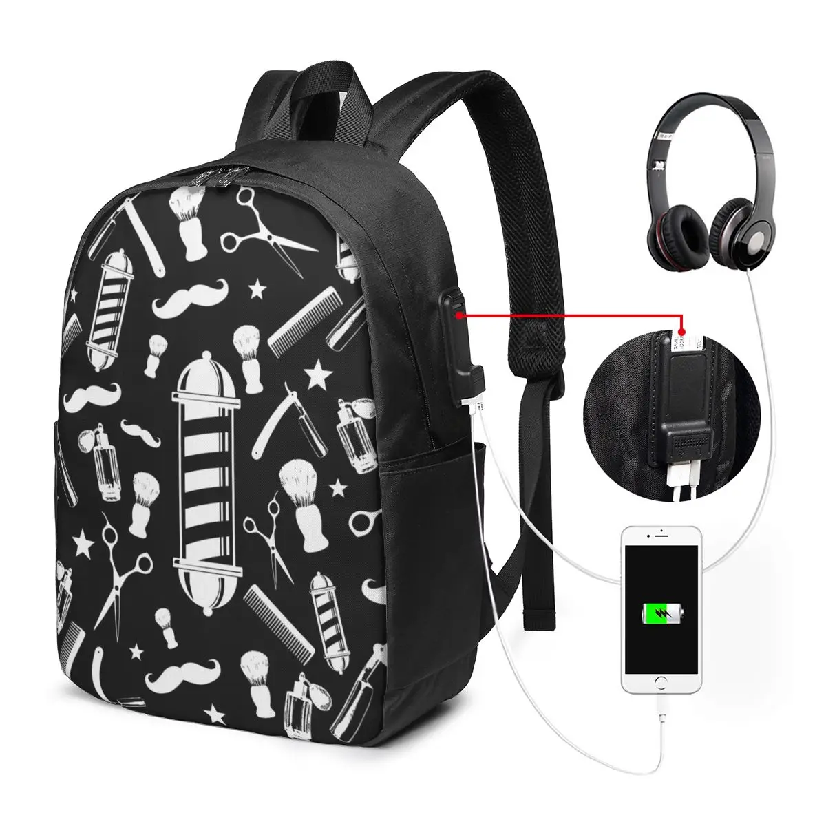 Barber Equipment Element Pattern Backpack Travel Notebook Bag Computer College Student School Bag Laptop Shoulder Bags Men Women