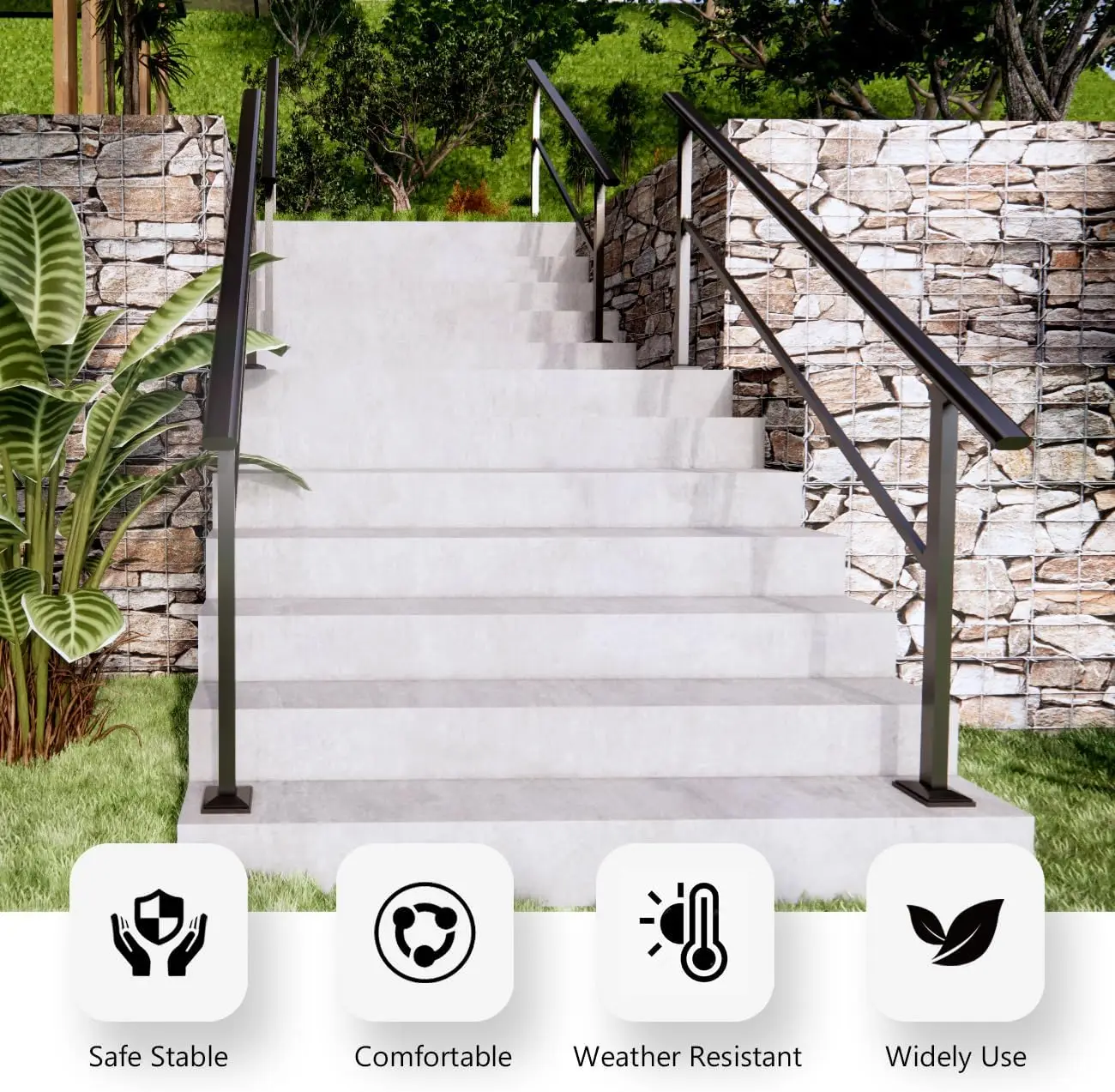 5-7 Step Handrail for Outdoor,Powder Coated Iron Stair Railing,Black Hand Rails for Indoor, Porch,Deck,2 Pack