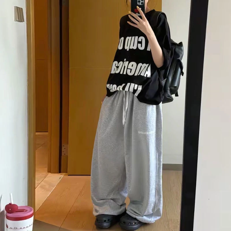 

Серые ретро модные спортивные штаны в стиле хип-хоп, женские американские повседневные уличные брюки большого размера, мешковатые свободные широкие спортивные штаны с высокой талией