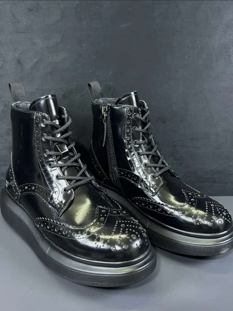 Autumn Mens Genuine Leather Short Boots British Style Business Platform High Top Brogue Shoes Winter Plush Liner Ankle Boots