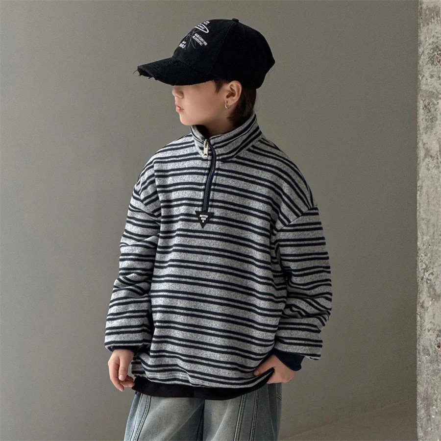 

High Quality Child Turtleneck Half-Zip Stripe Sweatshirt for Teenage Boy Casual Cotton Half Lock Coat Kids Spring Autumn Clothes