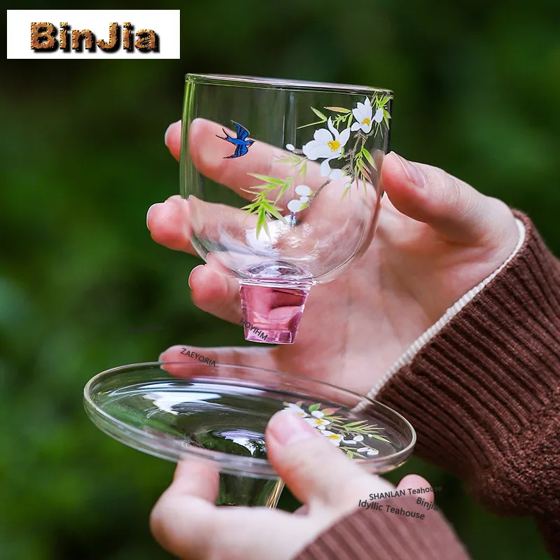 BAEJORIA 115ml Glass Swallow Coming Back High Foot Teacup Vintage Tea Bowl Jug Tea-tasting Meditation Cup Chazhan Master Cups