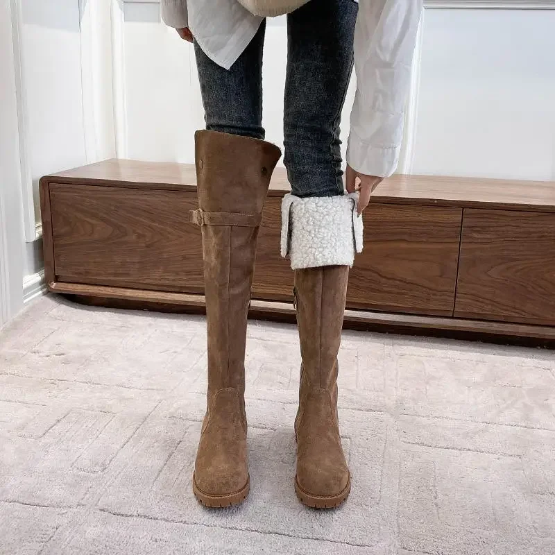 

Autumn Winter Women's Retro Fleece Lined Over The Knee Slim Boots Round Toe Mid Heel Convertible Foldable High Heel Boots