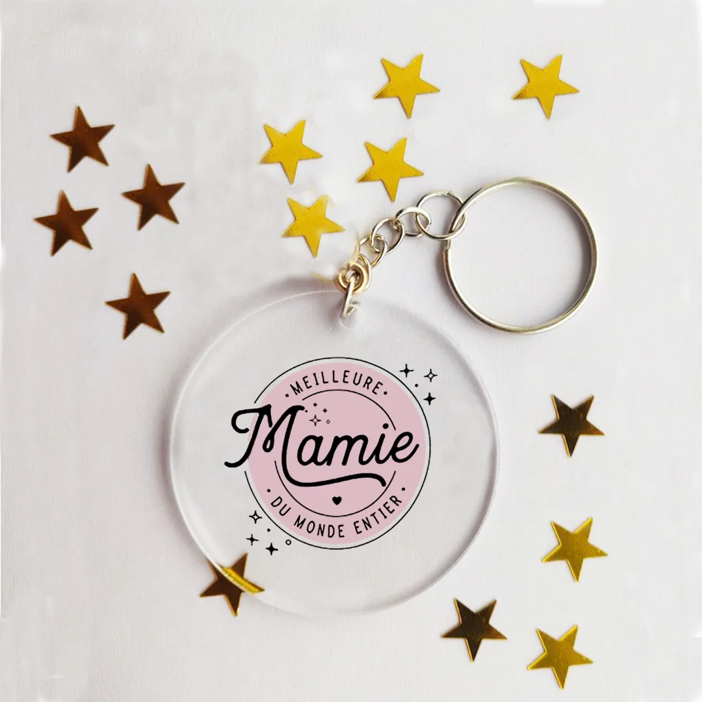 French Print Key Keychain Transparent Circle Chain Acrylic Keyring Festive Birthday Gift for Grandma Grandpa Aunt Uncle Mom Dad